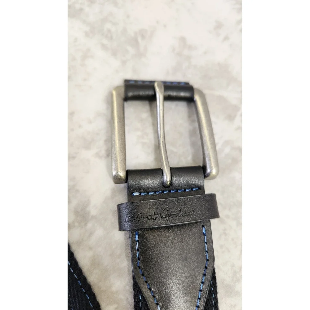 Robert Graham Belt Mens 42 Black  Herringbone Canvas Leather Double Prong Preppy